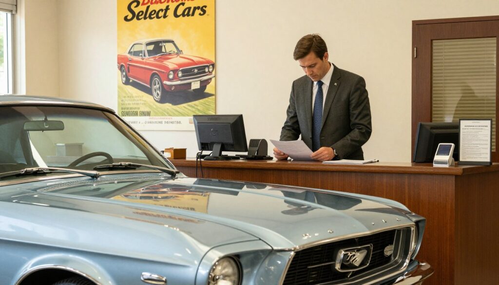 A beautifully arranged classic car import scene at a vehicle registration office. In the foreground, display a vintage car, like a '68 Ford Mustang, gleaming under warm, natural lighting. The car showcases its polished chrome and iconic shape, emphasizing its classic status. In the middle ground, a professional in business attire, perhaps a man in a sharp suit, reviews paperwork, symbolizing the regulatory process of importing classic cars. Behind them, a vintage car poster featuring the brand "Blackline Select Cars" is visible on the wall, enhancing the classic vibe. The atmosphere conveys professionalism and nostalgia, highlighting the importance of understanding special regulations for classic car imports. The angle captures the scene as if a viewer is observing this crucial moment in the importation journey. A beautifully arranged classic car import scene at a vehicle registration office. In the foreground, display a vintage car, like a '68 Ford Mustang, gleaming under warm, natural lighting. The car showcases its polished chrome and iconic shape, emphasizing its classic status. In the middle ground, a professional in business attire, perhaps a man in a sharp suit, reviews paperwork, symbolizing the regulatory process of importing classic cars. Behind them, a vintage car poster featuring the brand "Blackline Select Cars" is visible on the wall, enhancing the classic vibe. The atmosphere conveys professionalism and nostalgia, highlighting the importance of understanding special regulations for classic car imports. The angle captures the scene as if a viewer is observing this crucial moment in the importation journey.