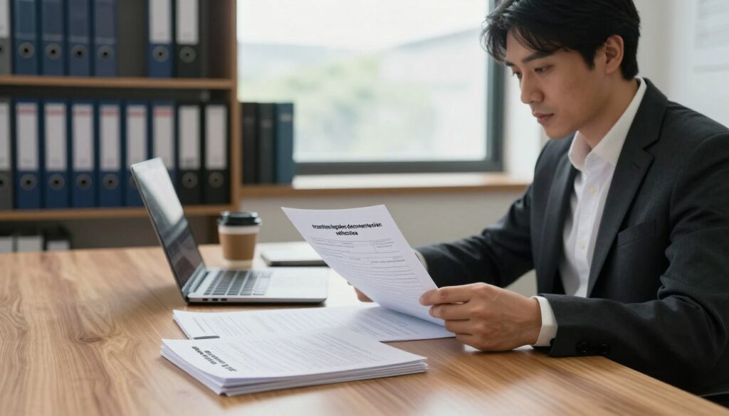 A beautifully organized office scene focusing on "tramites legales documentacion vehiculos". In the foreground, a professional in business attire is reviewing papers on a sleek wooden desk, with a laptop and a coffee cup. Nearby, neatly stacked documents marked "Blackline Select Cars" depict vehicle registration forms and legal paperwork. The middle ground shows shelves filled with binders labeled with various vehicle-related topics. The background features a large window allowing soft, natural light to flood the space, casting gentle shadows. The atmosphere is focused and contemplative, conveying the complexity and requirements of legal procedures. Use a moderate depth of field to emphasize the foreground subject while keeping the background slightly blurred for depth.