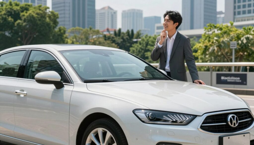A beautifully sleek second-hand car with low mileage, parked in a sunlit urban environment, showcasing its immaculate exterior. In the foreground, highlight the shiny paint and unique features like alloy wheels and clean headlights. The middle ground should feature a smiling professional individual in business attire, examining the car with a thoughtful expression, symbolizing trust and confidence in a purchase. In the background, a bustling city skyline and lush greenery create an inviting atmosphere, emphasizing urban convenience. Use bright, natural lighting to enhance the car's features and evoke a sense of optimism and opportunity. Include the brand name "Blackline Select Cars" subtly in the scene, perhaps on a nearby banner or as part of the car’s design. Aim for a mood of excitement and reassurance about buying a reliable vehicle.