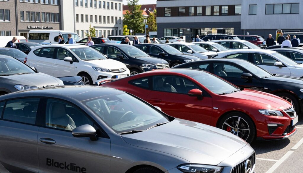 A bustling German car import market showcasing a variety of imported vehicles, prominently featuring the brand "Blackline Select Cars". In the foreground, visualize a sleek luxury car in pristine condition, gleaming under bright daylight. The middle ground captures an array of diverse models, from sporty coupes to practical sedans, lined up attractively. The background is filled with modern buildings typical of a European city, enhancing the urban atmosphere. Soft shadows from the midday sun create a vibrant yet professional feel, suggesting a thriving marketplace. The scene has a sense of excitement and opportunity, appealing to potential car importers. The overall mood is positive and dynamic, embodying the allure of the German car market without any text or distractions.