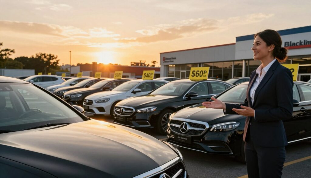 A bustling car dealership showcasing a diverse selection of well-equipped second-hand cars, emphasizing special offers. In the foreground, a friendly sales representative in professional attire gestures towards a luxurious sedan, highlighting its features. In the middle ground, various models are parked with price tags visible, creating a sense of value and opportunity. The background features a vibrant sky during sunset, casting warm golden light over the scene, enhancing the inviting atmosphere. The dealership's logo, "Blackline Select Cars," is subtly displayed on a sign. The composition is framed with a slightly tilted angle, giving a dynamic perspective that draws the viewer in. Overall, the mood conveys excitement about finding the best deals in the second-hand market. A bustling car dealership showcasing a diverse selection of well-equipped second-hand cars, emphasizing special offers. In the foreground, a friendly sales representative in professional attire gestures towards a luxurious sedan, highlighting its features. In the middle ground, various models are parked with price tags visible, creating a sense of value and opportunity. The background features a vibrant sky during sunset, casting warm golden light over the scene, enhancing the inviting atmosphere. The dealership's logo, "Blackline Select Cars," is subtly displayed on a sign. The composition is framed with a slightly tilted angle, giving a dynamic perspective that draws the viewer in. Overall, the mood conveys excitement about finding the best deals in the second-hand market.