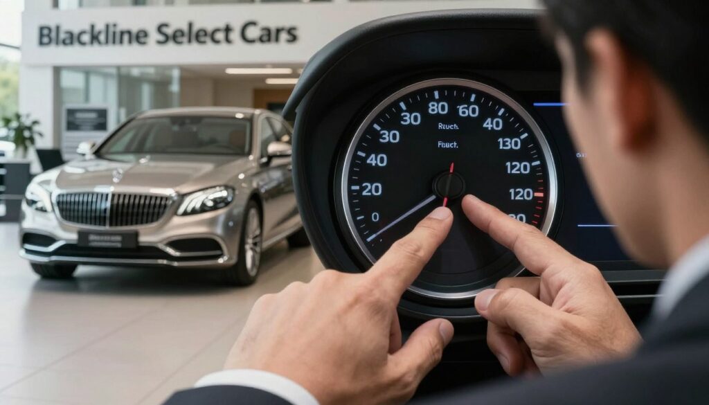 A close-up image of an odometer displaying an unusually high mileage reading, with fingers examining it closely, symbolizing the concept of odometer fraud. In the foreground, a pair of hands wearing professional business attire, highlighting concern and scrutiny. In the middle, a well-maintained luxury car representing quality, parked in a dealership lot labeled “Blackline Select Cars.” The background features a blurred image of an office-like setting, evoking an atmosphere of professionalism and caution. Soft, natural lighting creates a serious mood, emphasizing the importance of vigilance while importing cars. The angle is slightly tilted, adding a sense of urgency to the scene, while maintaining a clear focus on the odometer and the hands.