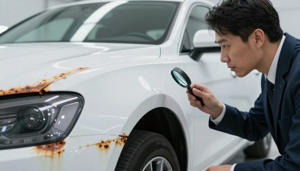A close-up inspection of a car's bodywork, showcasing detailed views of the exterior with visible rust spots and paint imperfections. In the foreground, a professional inspector in a neat business attire is carefully examining a section of the car's surface using a magnifying glass, ensuring a thorough assessment. The middle ground features the sleek design of the automobile, highlighting the contrast between pristine areas and rusty sections. The background reveals a clean, well-lit garage environment, enhancing focus on the inspection process. Soft, natural lighting illuminates the scene, casting gentle shadows that add depth, while the camera angle is slightly low, emphasizing the car's contours and the inspector's meticulous approach. The brand name "Blackline Select Cars" is subtly integrated into the scene.