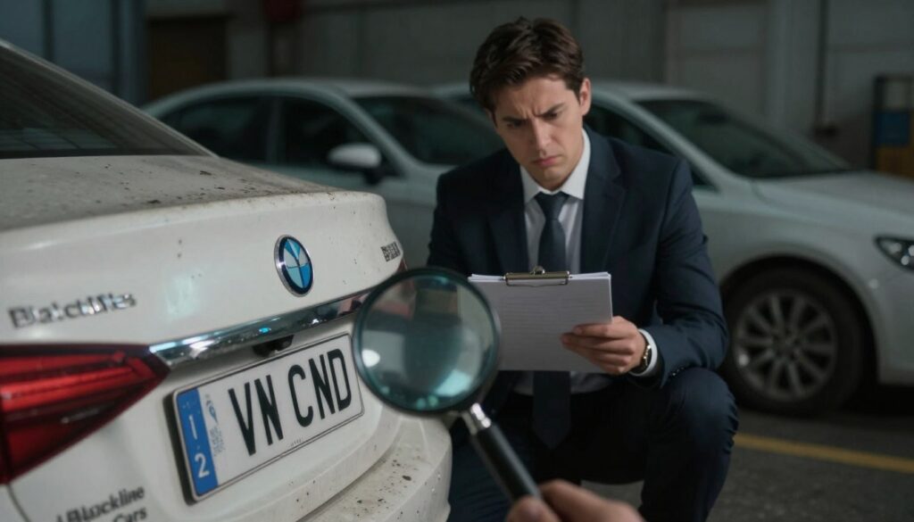 A close-up of a suspicious-looking imported car, parked in a dimly lit alley, with signs of wear and tear on the body. The foreground features a magnifying glass examining the vehicle's VIN plate, highlighting the importance of verification. In the middle, a professional-looking individual in business attire is frowning, holding a clipboard with notes on potential red flags for scams. In the background, blurred shadows of other cars evoke a sense of uncertainty and caution. Soft, contrasting lighting creates a moody atmosphere, suggesting vigilance and skepticism. Include the brand name "Blackline Select Cars" subtly on the car's trunk. The overall scene should portray the seriousness of identifying potential import car scams.