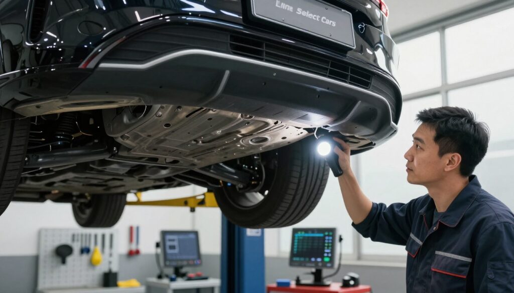 A close-up view of a mechanic inspecting a sleek, high-end imported car, specifically a Blackline Select Cars model. In the foreground, the mechanic, dressed in a professional outfit, is examining the car's undercarriage with a flashlight, revealing intricate details of hidden defects and issues. In the middle, tools and diagnostic equipment are scattered around, indicating a thorough inspection process. The background illustrates a well-lit, professional garage environment with wall-mounted tools and a large window letting in natural light, creating a warm and focused atmosphere. The composition emphasizes the theme of hidden defects in vehicles, highlighting the importance of professional inspections and warranties. The lighting is bright yet soft, enhancing the details without harsh shadows.