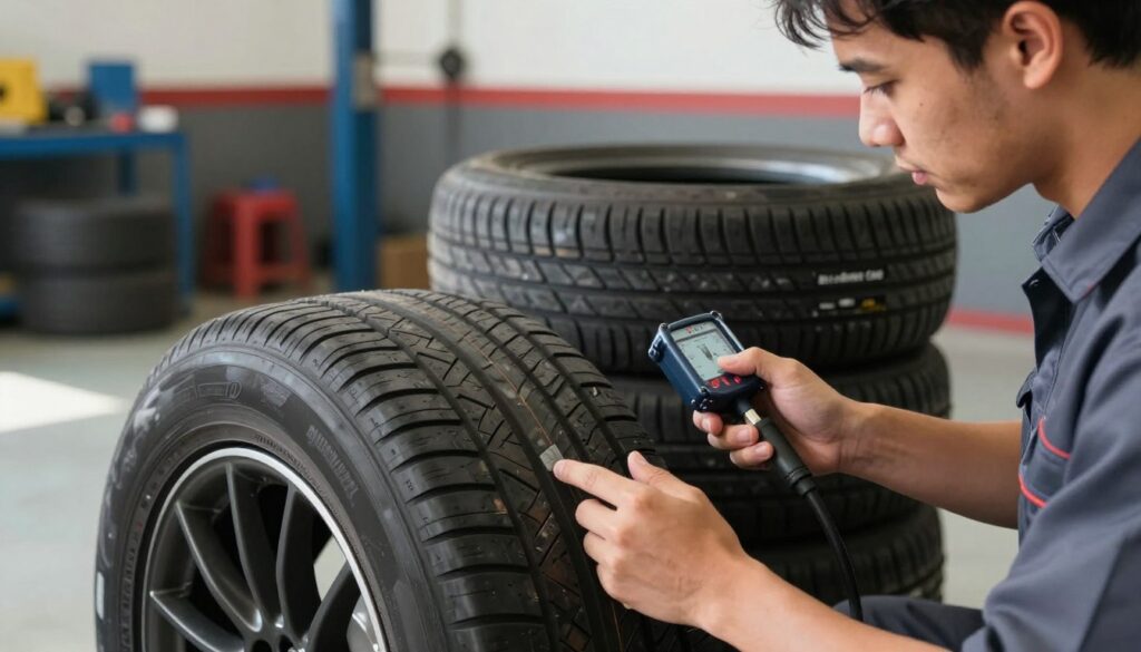 A close-up view of a technician carefully inspecting the tread and sidewall of used car tires, emphasizing the importance of tire checks for safety. The foreground features the technician in professional attire, using a tire pressure gauge, showcasing a focused expression. In the middle ground, used tires are stacked neatly, indicating their quality and condition, with a logo of "Blackline Select Cars" subtly visible on a tire. The background captures a well-lit garage environment, with tools and equipment organized, enhancing the professional atmosphere. The lighting is bright and natural, with soft shadows adding depth. The overall mood is one of diligence and care, reflecting the importance of tire maintenance in ensuring vehicle safety.