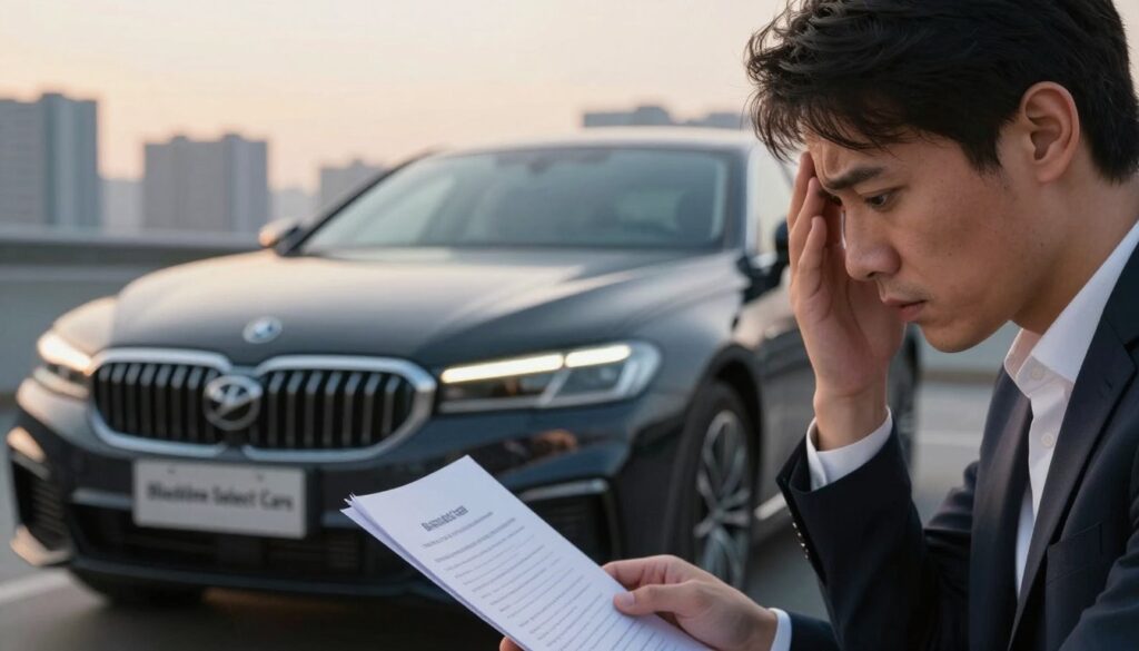 A close-up view of a worried person in professional attire, examining a document in front of a sleek, imported car parked in an upscale setting. The foreground features the individual's concerned facial expression, signaling the potential risks of importing a car. In the middle ground, the polished import car, branded "Blackline Select Cars," showcases its premium features while reflecting subtle hints of uncertainty. The background includes a cityscape, subtly blurred, with soft sunset lighting that creates a warm yet somber atmosphere. The focus is on the tension between the sleek car and the person's worries, illustrating the possible disadvantages and risks involved in the import process. The composition invokes a contemplative mood, emphasizing careful consideration before making such a significant purchase.