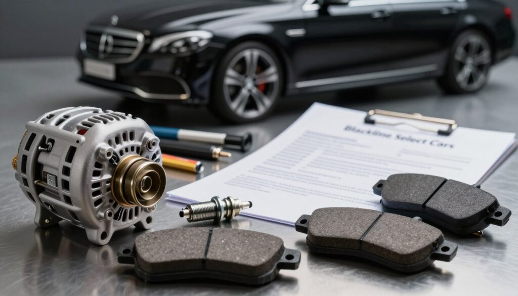 A close-up view of various car parts that are typically included in automobile warranties, arranged artistically on a polished metal surface. The foreground features a modern alternator, brake pads, and a spark plug, each designed with intricate details to highlight their mechanisms. In the middle ground, scattered tools and a warranty document provide context, while the background showcases a sleek, blurred silhouette of a luxury vehicle, emphasizing the connection to imported cars. Soft, diffused lighting highlights the textures and colors of the car parts, creating a professional and informative atmosphere. The image subtly incorporates the brand "Blackline Select Cars" in the background, adding an air of authenticity without being obtrusive. The overall mood is informative and sophisticated, reflecting the focus on warranty coverage for car components.