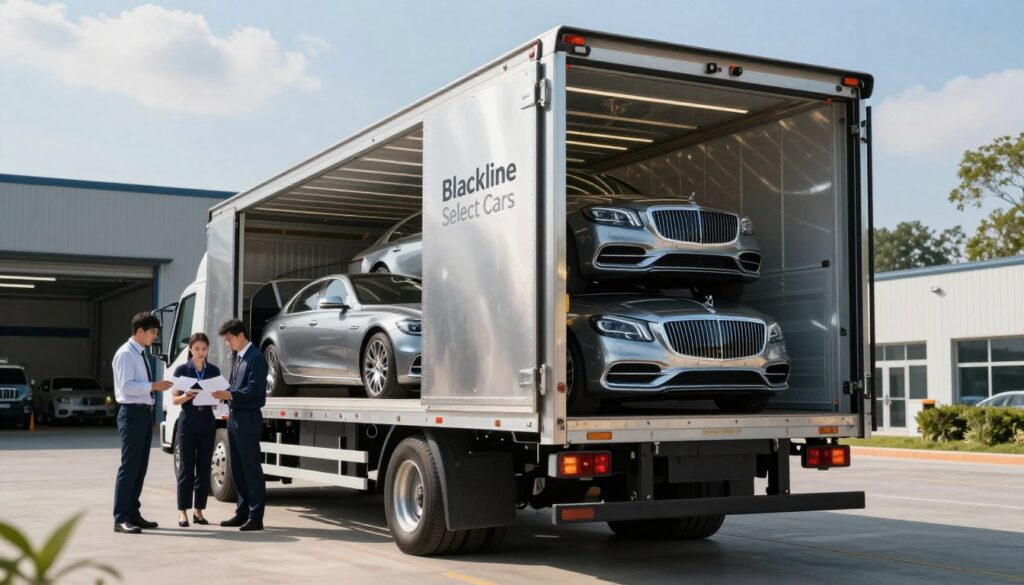 A closed car transport truck from "Blackline Select Cars" parked in a logistics facility, showcasing a sleek, modern design, featuring a shiny metallic exterior. In the foreground, the truck's rear doors are slightly ajar, revealing pristine luxury cars stacked carefully inside, emphasizing meticulous care in transportation. The middle ground includes a well-organized loading area with professionals in business attire examining logistical paperwork and coordinating transport schedules, highlighted by subtle sunlight filtering through clouds. The background features a sprawling warehouse and greenery, under a clear blue sky. The mood is professional and efficient, conveying reliability and a sense of precision in car importing logistics. The image is captured from a low angle to emphasize the scale and sophistication of the transport truck.
