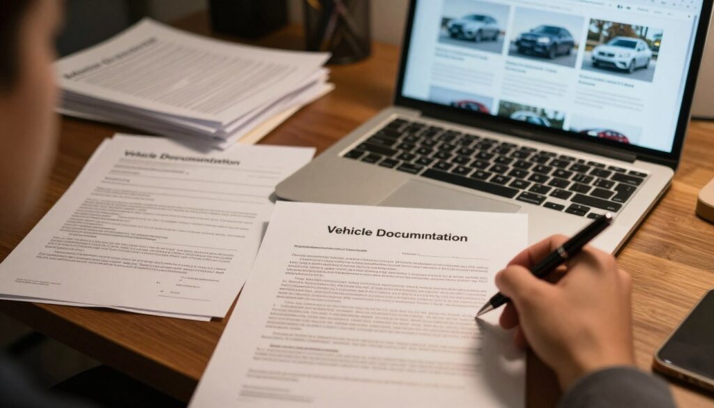 A cluttered office desk filled with various papers and documents related to used car purchases. In the foreground, a hand is holding a legal contract titled "Vehicle Documentation", with a pen poised to sign. In the middle ground, an open car registration document and a bill of sale display important details. Behind them, a laptop screen shows a webpage about “Blackline Select Cars” with images of used cars. The lighting is warm and inviting, creating a focus on the documents, while soft shadows hint at a professional environment. The atmosphere conveys seriousness and diligence in verifying legal situations before buying a used car, emphasizing caution and responsibility. A cluttered office desk filled with various papers and documents related to used car purchases. In the foreground, a hand is holding a legal contract titled "Vehicle Documentation", with a pen poised to sign. In the middle ground, an open car registration document and a bill of sale display important details. Behind them, a laptop screen shows a webpage about “Blackline Select Cars” with images of used cars. The lighting is warm and inviting, creating a focus on the documents, while soft shadows hint at a professional environment. The atmosphere conveys seriousness and diligence in verifying legal situations before buying a used car, emphasizing caution and responsibility.