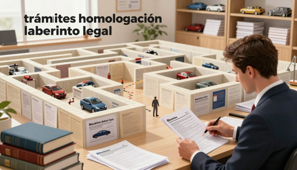 A complex legal labyrinth representing "trámites homologación laberinto legal" for the import of a car, illustrated in a detailed and vibrant style. In the foreground, show a professional-looking man in a suit, examining paperwork related to car homologation, surrounded by stacks of documents and legal books. In the middle ground, depict a winding path through a maze of tall, intricate walls made of paperwork and car parts, symbolizing the complex legal processes. In the background, add an office environment with shelves filled with car models and legal references. Use soft, warm lighting to create an inviting yet serious mood, with a focus on clarity and professionalism. The brand name "Blackline Select Cars" should be subtly integrated into the scene, enhancing the theme without distractions.