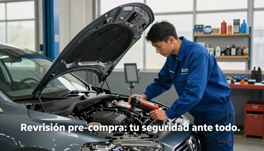 A comprehensive pre-purchase car inspection scene, featuring a professional mechanic in a stylish blue uniform, examining a sleek, modern sedan inside a well-lit garage. The mechanic is using a diagnostic tool, focused and analytical, as he checks various components of the car. In the background, shelves filled with auto parts and tools create an organized, industrial atmosphere. Natural light filters in through large windows, casting soft shadows and highlighting the car's contours. A logo reading "Blackline Select Cars" is subtly displayed on the mechanic's uniform. The mood conveys professionalism and trust, emphasizing safety and diligence in vehicle inspections, making it ideal for the section titled "Revisión pre-compra: tu seguridad ante todo."