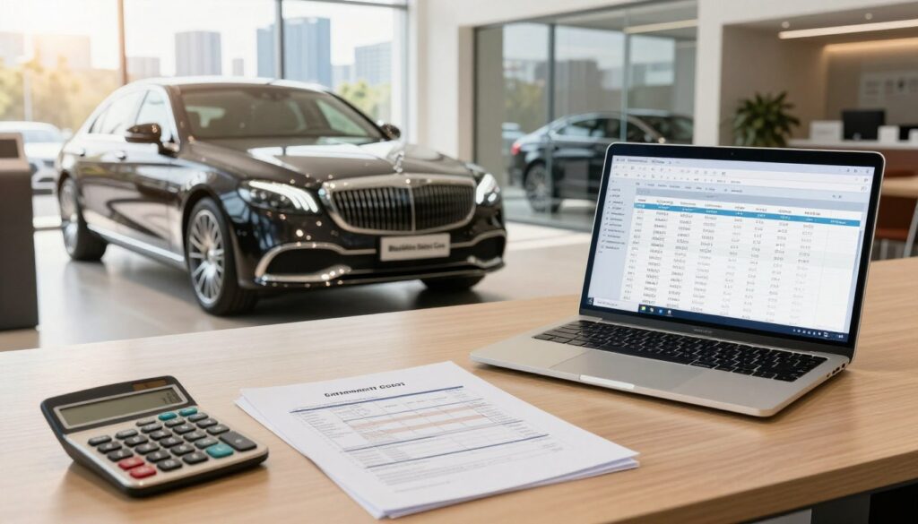 A comprehensive visual representation of car importation costs, featuring a well-organized workspace. In the foreground, there's a neatly arranged desk with a calculator, import documents, and a laptop displaying a spreadsheet with expenses. The middle ground highlights a luxury car, branded "Blackline Select Cars," parked elegantly in a showroom setting with glass walls that reflect a bright, sunny day. In the background, a city skyline is visible, symbolizing international trade. The lighting is warm and inviting, creating a professional atmosphere, while the angle is slightly above eye level, providing a broad view of the scene. This image conveys a sense of professionalism and diligence in the car import process. A comprehensive visual representation of car importation costs, featuring a well-organized workspace. In the foreground, there's a neatly arranged desk with a calculator, import documents, and a laptop displaying a spreadsheet with expenses. The middle ground highlights a luxury car, branded "Blackline Select Cars," parked elegantly in a showroom setting with glass walls that reflect a bright, sunny day. In the background, a city skyline is visible, symbolizing international trade. The lighting is warm and inviting, creating a professional atmosphere, while the angle is slightly above eye level, providing a broad view of the scene. This image conveys a sense of professionalism and diligence in the car import process.