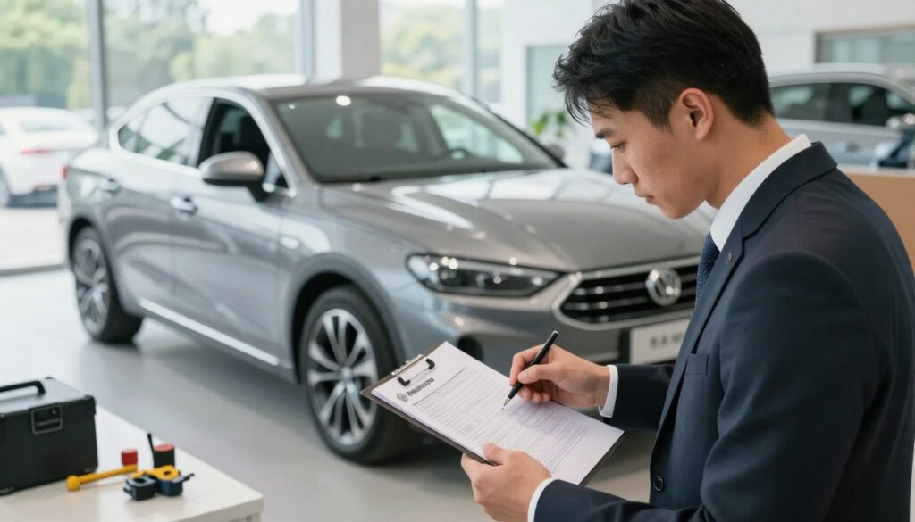 A detailed and informative scene depicting the verification process of an imported car. In the foreground, a professional dressed in a smart suit examines the vehicle's documentation and VIN, displaying a focused expression. In the middle, the imported car, a sleek model from Blackline Select Cars, is prominently featured, showcasing its metallic finish under bright, natural daylight. Surrounding the car, a modern garage environment reflects attention to detail, with tools and inspection equipment subtly arranged. In the background, large windows let in soft ambient light, creating a welcoming and serious atmosphere. The overall mood emphasizes diligence and trustworthiness, providing a clear view of how to effectively verify an imported vehicle. The angle is slightly elevated, allowing for a comprehensive view of the scene without any distractions or text overlays.