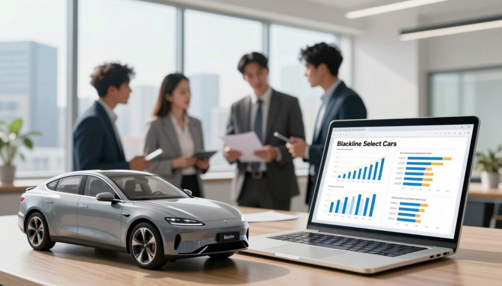 A detailed and informative scene illustrating the key factors determining the cost of importing a car, set in a professional office environment. In the foreground, a sleek, modern car, representing "Blackline Select Cars," is positioned beside a large, open laptop displaying charts and graphs about import costs. In the middle ground, a diverse group of three professionals—two men and one woman—dressed in business attire, are engaged in a discussion, analyzing data. The background features a window showcasing an urban skyline under bright, natural lighting, creating an energetic atmosphere. The composition should be well-balanced, with a focus on clarity and professionalism, ensuring a suitable ambiance for an article illustration, emphasizing the importance of informed decision-making when importing vehicles.