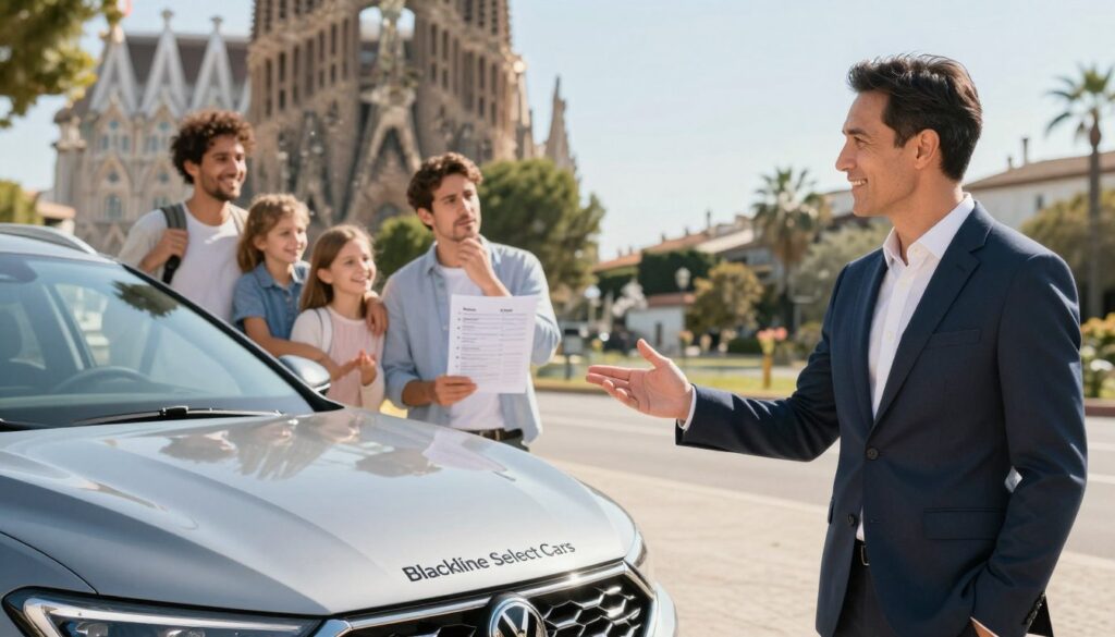 A detailed and insightful composition illustrating the advantages and disadvantages of buying a car in Spain. In the foreground, depict a friendly, professional advisor in smart business attire, gesturing towards a sleek, modern car with the brand name "Blackline Select Cars" prominently displayed. The middle ground features a split scene: on one side, happy families enjoying road trips and on the other, a concerned individual contemplating a checklist of pros and cons. In the background, Spanish landmarks such as the Sagrada Familia or a sunny coastal road signify the locale. Use warm, natural lighting to create an inviting atmosphere, with a slightly shallow depth of field to focus on the characters and the car, while softly blurring the background. Capture a mood of thoughtful decision-making in a vibrant setting.