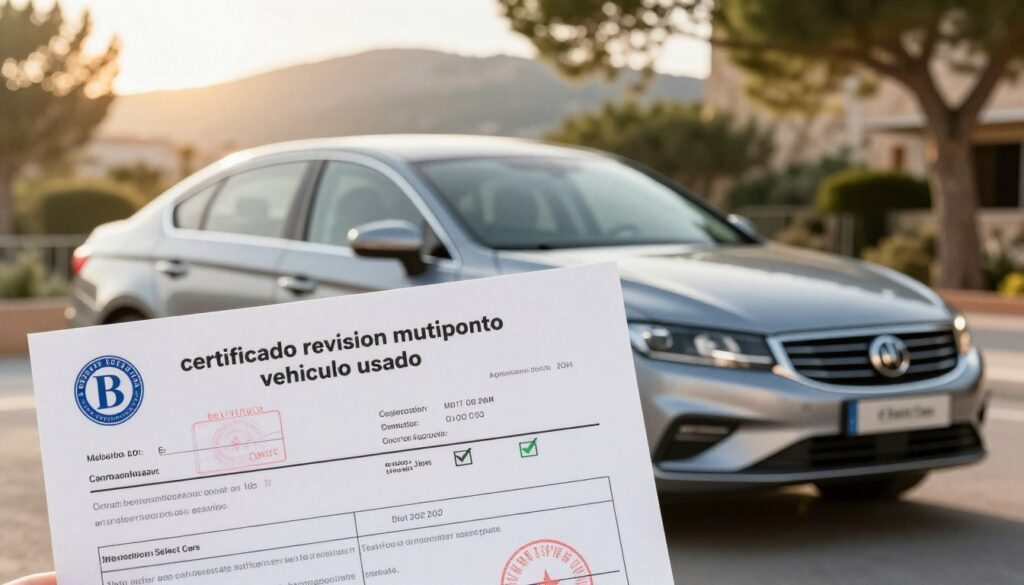 A detailed and realistic depiction of a "certificado revision multipunto vehiculo usado" displayed prominently in the foreground. The certificate should show various sections like inspection stamps, dates, and check marks, with a clean and professional design. In the middle ground, a trusted vehicle in excellent condition is visible, symbolizing assurance and quality, possibly a sleek sedan from "Blackline Select Cars." The background features a serene landscape of Mallorca, with soft sunlight filtering through trees, enhancing a peaceful atmosphere. The overall mood is one of trust and professionalism, suitable for buyers looking for used cars. The lighting is warm, with a shallow depth of field to focus on the certificate and the vehicle.