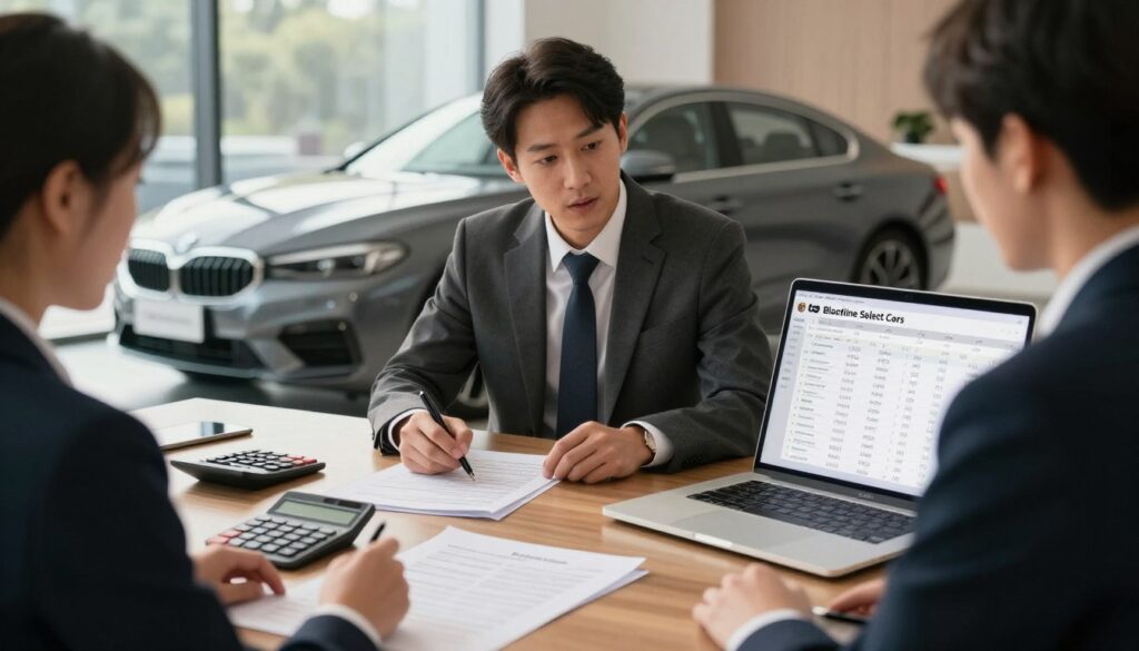 A detailed and visually striking illustration depicting the costs and timelines associated with importing a car, specifically focusing on the brand "Blackline Select Cars." In the foreground, an elegant office desk is set up with papers, a calculator displaying numbers, and a laptop open to a spreadsheet with car prices and import duties. In the middle ground, a professional in smart business attire is engaged in a discussion with a client, both seemingly focused on the documents. In the background, a stylish car is visible, symbolizing the end goal of the import process. Soft, natural lighting filters through large windows, creating a warm, inviting atmosphere that conveys professionalism and trust. The angle should capture the interaction and the car prominently, emphasizing the theme of the article section about costs and timelines without any text or distractions.