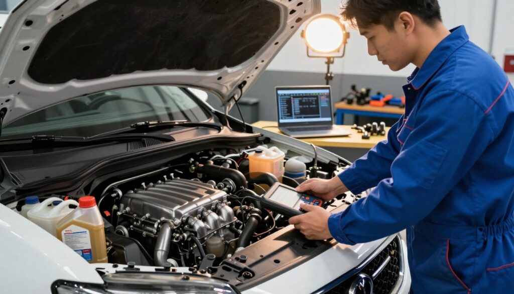 A detailed automotive inspection scene focusing on a car's engine and fluid checks in a well-lit garage. In the foreground, a mechanic in a professional blue jumpsuit examines the engine with a diagnostic tool, surrounded by various automotive fluids like oil and coolant in their containers. The middle ground features an open car hood revealing a complex engine layout with bright metallic surfaces and pipes, while a laptop displays engine data on a nearby workbench. The background includes shelves with tools and a bright overhead light casting a warm glow, creating an atmosphere of professionalism and thoroughness. The overall mood exudes reliability and expertise, reflecting the quality associated with Blackline Select Cars.