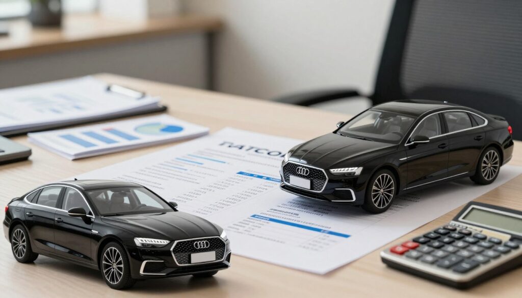A detailed breakdown of car import costs, visually represented in a professional style for an article section. In the foreground, a sleek, modern sedan, specifically a Blackline Select Cars model, placed strategically to highlight its features. The middle ground features an organized desk with documents, charts, and calculators showcasing various cost factors such as taxes, shipping fees, and customs charges. In the background, an office environment with a neutral color scheme, soft lighting enhancing clarity. A focused angle emphasizes the desk setup, evoking an informative atmosphere. Overall, the mood should be professional and trustworthy, reflecting a meticulous analysis of car import expenses without any text or clutter.