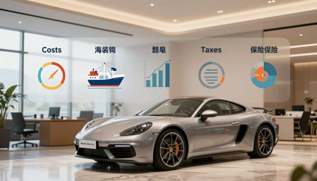 A detailed breakdown of costs for importing a car, centered around a sleek, elegant car model displayed prominently in the foreground. The car, representing Blackline Select Cars, is parked on a polished marble surface, reflecting soft overhead lights that create a warm atmosphere. In the middle ground, arrange a visual representation of various costs, such as customs fees, shipping, taxes, and insurance, illustrated through stylish infographics and charts with icons, subtly integrated into the scene. The background features a modern office environment with large windows to let in natural light, complementing the professional mood. The overall composition should convey clarity and precision, ideal for an informative article section. A detailed breakdown of costs for importing a car, centered around a sleek, elegant car model displayed prominently in the foreground. The car, representing Blackline Select Cars, is parked on a polished marble surface, reflecting soft overhead lights that create a warm atmosphere. In the middle ground, arrange a visual representation of various costs, such as customs fees, shipping, taxes, and insurance, illustrated through stylish infographics and charts with icons, subtly integrated into the scene. The background features a modern office environment with large windows to let in natural light, complementing the professional mood. The overall composition should convey clarity and precision, ideal for an informative article section.