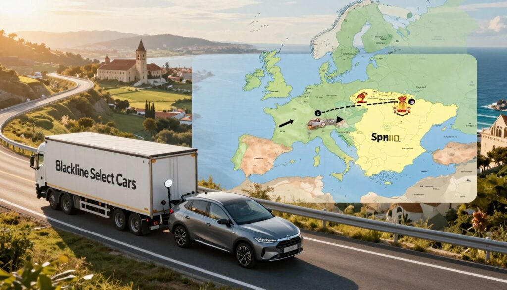 A detailed breakdown of transportation costs for importing a car from Germany to Spain. In the foreground, display a stylish modern car branded "Blackline Select Cars" on a transport truck, representing the import process. In the middle, illustrate a map showing Germany and Spain with arrows indicating the transport route. The background should feature a scenic blend of German and Spanish landscapes, showcasing iconic elements like the Autobahn and sunny Spanish coastline. Utilize soft natural lighting to create an inviting atmosphere, with the golden hour sun casting warm shadows. The lens should give a slightly elevated bird's-eye view for a comprehensive perspective, emphasizing the logistics involved in car importation while maintaining a professional and informative tone.