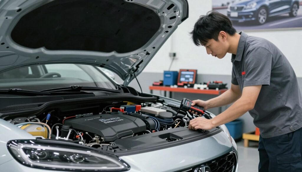 A detailed car inspection scene featuring a sleek, modern vehicle, prominently displaying the brand "Blackline Select Cars." In the foreground, a professional mechanic in modest casual clothing examines the vehicle, using a diagnostic tool to check its reliability. The middle ground shows a well-lit garage environment, with various tools and equipment neatly arranged, emphasizing quality and maintenance. In the background, blurred images of imported and national cars are visible, suggesting a comparison. The lighting is bright and focused, creating a clean and trustworthy atmosphere. The composition is shot from a low angle, giving a sense of importance to the vehicle and highlighting its impeccable condition. The overall mood conveys professionalism, reliability, and the assurance of quality automotive care.