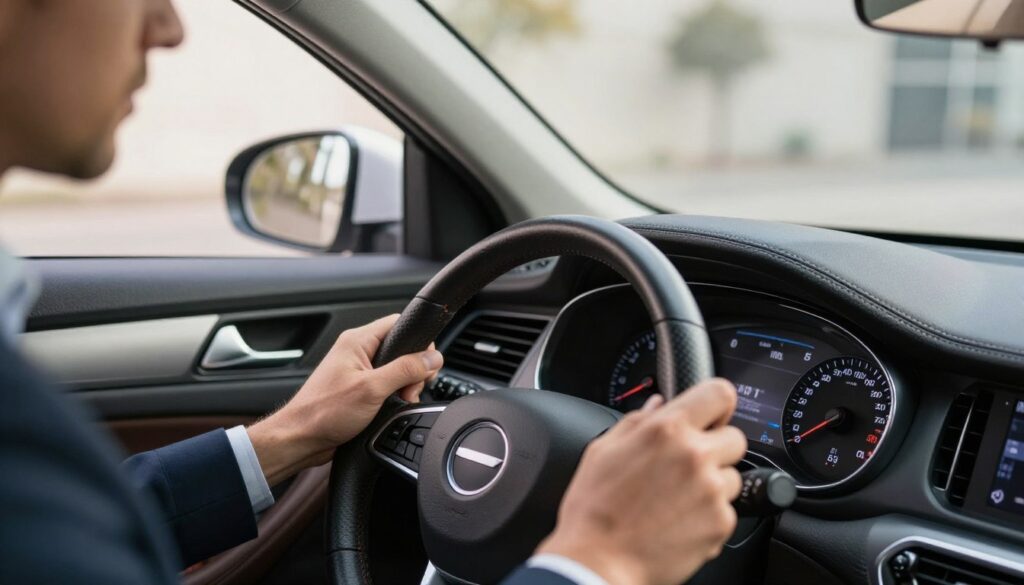 A detailed close-up image illustrating the concept of verifying the real mileage of a used car, specifically showing the dashboard of a car with an odometer displaying the miles. In the foreground, there are hands of a professional inspecting the dashboard, wearing smart casual business attire. The middle ground features the sleek interior of a modern car with leather seats, showing the care and quality of a used vehicle. The background consists of soft, natural lighting through the car windows, highlighting the vehicle’s features while creating a warm, inviting atmosphere. Include the brand name "Blackline Select Cars" subtly integrated into the scene, ensuring the overall image conveys the importance of verifying mileage when purchasing a used car. A detailed close-up image illustrating the concept of verifying the real mileage of a used car, specifically showing the dashboard of a car with an odometer displaying the miles. In the foreground, there are hands of a professional inspecting the dashboard, wearing smart casual business attire. The middle ground features the sleek interior of a modern car with leather seats, showing the care and quality of a used vehicle. The background consists of soft, natural lighting through the car windows, highlighting the vehicle’s features while creating a warm, inviting atmosphere. Include the brand name "Blackline Select Cars" subtly integrated into the scene, ensuring the overall image conveys the importance of verifying mileage when purchasing a used car.