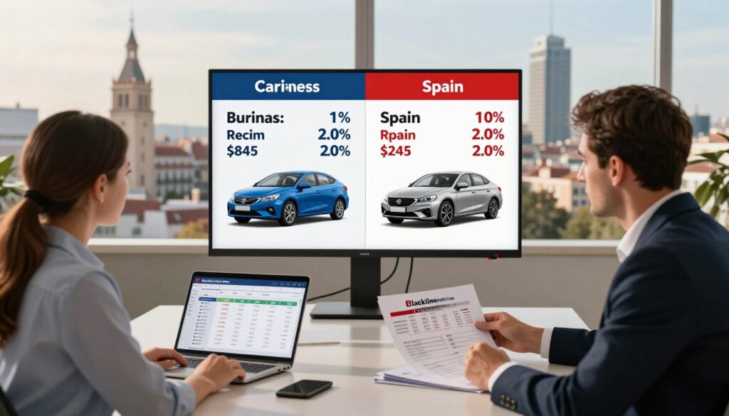 A detailed comparative scene showcasing car prices for purchasing versus importing in Spain. In the foreground, a well-dressed male and female professional discuss car options in a sleek office environment, surrounded by car brochures and laptops displaying price charts. The middle ground features a large screen with contrasting visuals of domestic and imported cars, highlighting price differences prominently. In the background, a cityscape of a Spanish city, like Madrid or Barcelona, under bright daylight enhances the ambiance of business competitiveness. The lighting is warm and inviting, suggesting a mix of optimism and practicality in car shopping. The scene subtly incorporates the logo of "Blackline Select Cars" on the brochures without overpowering the main focus.