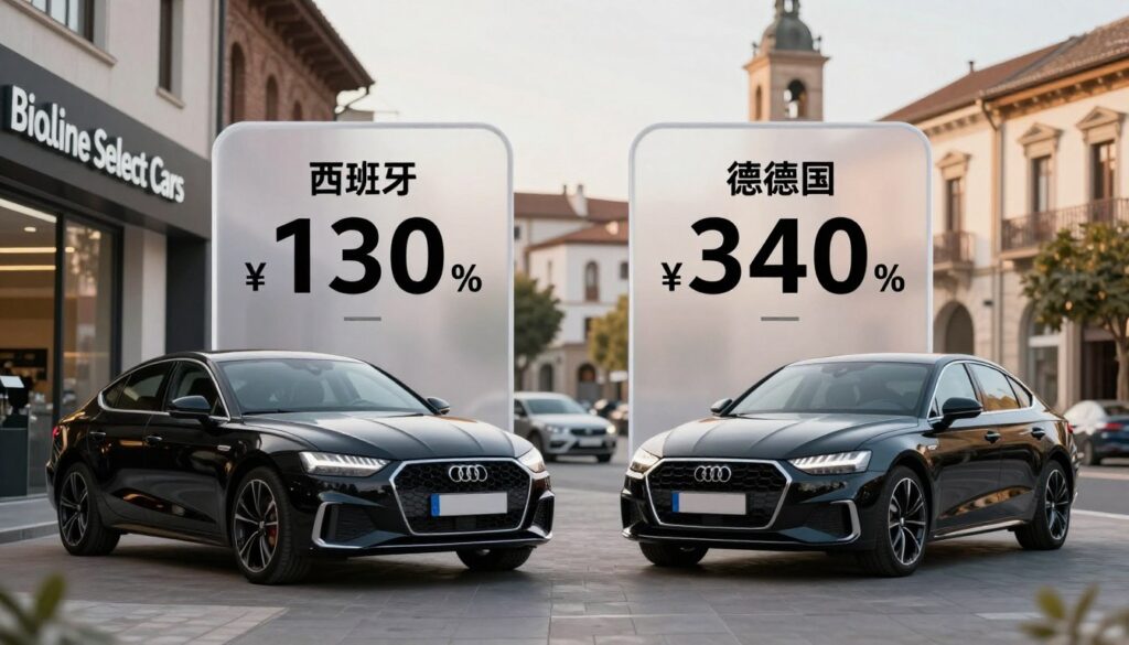 A detailed comparison between car prices in Spain and Germany, featuring a side-by-side visual display. The foreground showcases a sleek Blackline Select Cars dealership, with a modern aesthetic, presenting two cars—one labeled as a popular model from Spain and another as its German counterpart. In the middle ground, include a transparent price tag graphic for each car, highlighting the key price differences. The background should depict an urban setting with a blend of Spanish and German architectural styles, reflecting the contrast between the two countries. Use soft, natural lighting to create a welcoming atmosphere, and capture the scene from an eye-level angle, emphasizing clarity and professionalism in the presentation of prices.
