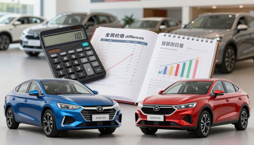 A detailed comparison of the price differences between national and imported cars, focusing on the investment and total costs. In the foreground, place side-by-side images of a sleek imported car and a modern national car, both in vibrant colors, showcasing their brand logos. The middle ground features a professional looking calculator and a notepad with charts displaying price comparisons and cost analyses. In the background, a blurred car dealership interior with various vehicles can be seen, emphasizing the automotive theme. The scene is well-lit with soft, natural lighting to give it a professional atmosphere. Ensure a clean composition, devoid of distractions. Include the brand "Blackline Select Cars" subtly within the scene, ensuring no text or logos are visible.