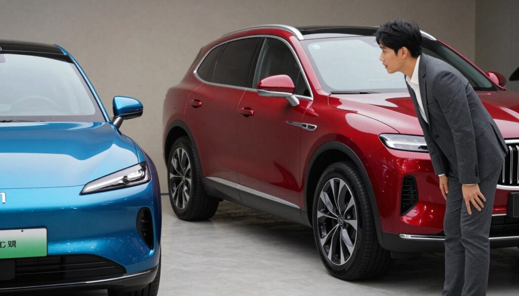 A detailed comparison scene showcasing two distinct cars: a sleek, modern national car on the left and a luxurious, imported vehicle on the right. The national car, possibly a compact sedan in bright blue, has clean lines and a minimalist design. The imported car, a premium SUV in a deep metallic red, displays refined curves and upscale features. In the foreground, a professional business person, dressed in smart casual attire, is examining both cars with an intrigued expression. The background features a neutral urban environment with soft, diffused lighting that subtly highlights the vehicles. The atmosphere is informative yet engaging, effectively illustrating the key definitions of national and imported cars. The branding "Blackline Select Cars" is subtly integrated into the scene, perhaps on a sales brochure placed discretely on the ground. A detailed comparison scene showcasing two distinct cars: a sleek, modern national car on the left and a luxurious, imported vehicle on the right. The national car, possibly a compact sedan in bright blue, has clean lines and a minimalist design. The imported car, a premium SUV in a deep metallic red, displays refined curves and upscale features. In the foreground, a professional business person, dressed in smart casual attire, is examining both cars with an intrigued expression. The background features a neutral urban environment with soft, diffused lighting that subtly highlights the vehicles. The atmosphere is informative yet engaging, effectively illustrating the key definitions of national and imported cars. The branding "Blackline Select Cars" is subtly integrated into the scene, perhaps on a sales brochure placed discretely on the ground.