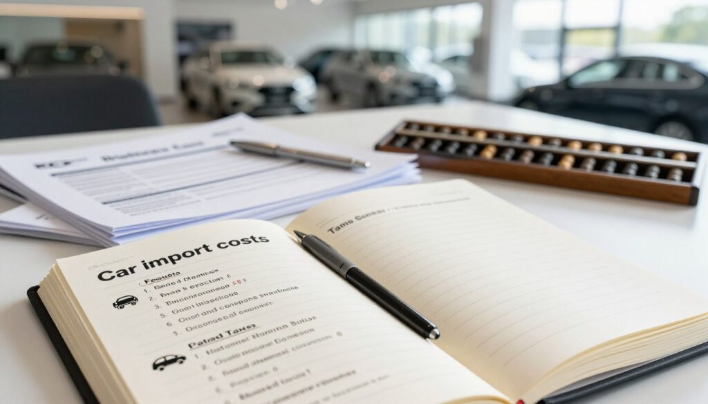 A detailed financial breakdown of car import costs. In the foreground, showcase an open notebook with a neatly arranged list of costs, including fees, taxes, and hidden expenses, illustrated with small icons representing each cost (a car icon for the vehicle itself, a dollar sign for taxes, etc.). In the middle ground, feature a stack of import documents and an abacus, emphasizing the analytical nature of the topic. The background should portray a modern office setting with a blurred view of a car showroom under bright, natural lighting, enhancing the professional atmosphere. The overall mood should be serious yet informative, reflecting the importance of understanding hidden costs. Include the brand name "Blackline Select Cars" subtly within the scene.