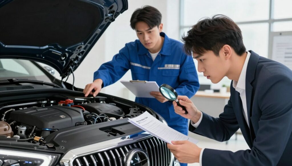 A detailed illustration depicting common frauds in imported cars. In the foreground, a concerned car buyer examines a sleek, luxury vehicle labeled "Blackline Select Cars," with a magnifying glass, inspecting documents and the car's details. The middle ground features a mechanic with a clipboard, pointing to discrepancies under the hood, conveying a sense of caution. In the background, an office setting is visible, with light filtering through a window, creating a professional atmosphere. The lighting is bright yet soft, emphasizing the seriousness of the investigation. Capture an informative, alert mood, ensuring the image is devoid of any text or distractions.