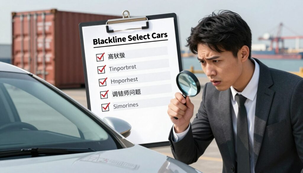 A detailed illustration depicting the disadvantages and risks of importing a car with a focus on "Blackline Select Cars." In the foreground, show a worried car buyer inspecting a car with a magnifying glass, dressed in professional business attire. The middle ground features a visual checklist highlighting potential pitfalls such as high taxes, hidden defects, and regulatory issues, presented on a clipboard beside the buyer. In the background, include an overseas shipping container and a blurred image of a port, symbolizing the complexities of the import process. Soft, diffused lighting creates a serious and contemplative mood, while a slight overhead angle emphasizes the buyer’s concern and highlights the important aspects of the car's condition. The overall atmosphere should convey caution and thoughtful consideration.