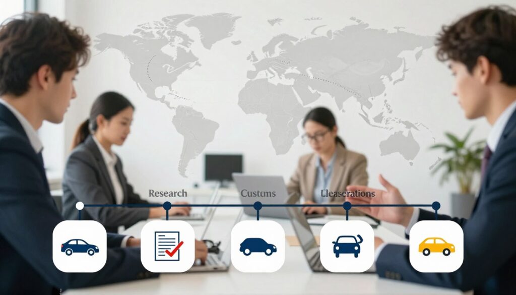 A detailed illustration of a car import process timeline, showcasing a realistic and organized flowchart-style layout. In the foreground, depict various colorful icons representing each step: research, documentation, customs clearance, transportation, and final inspection. In the middle, softly blurred images of professional individuals in business attire, working at desks with computers, discussing import details, emphasizing a collaborative work environment. In the background, a large world map subtly illustrates international links, with dotted lines showing routes from different countries to the destination. The lighting is bright and inviting, creating a positive, productive atmosphere. The visual style should be clean and modern, with a professional tone, incorporating the brand name "Blackline Select Cars" elegantly within the design, without any text overlays or captions.