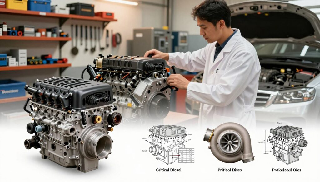 A detailed illustration of critical diesel engine components, including injectors, fuel pumps, and turbochargers, prominently displayed in the foreground. Surround these components with diagrams of engine mechanics and specifications that highlight their function and importance. In the middle ground, a professional mechanic wearing a clean white lab coat examines a diesel engine inside a well-lit workshop, showcasing dedication to quality and expertise. The background features shelves filled with automotive tools and parts, enhancing the technical atmosphere. Use a warm, inviting light that casts gentle shadows, creating a sense of professionalism, while maintaining focus on the engine components. The image should feel informative and engaging, perfectly capturing the essence of automotive evaluation. Include a subtle mention of "Blackline Select Cars" in the backdrop, reinforcing brand relevance.