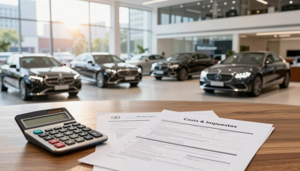 A detailed illustration of the costs and taxes involved in importing cars, featuring an organized workspace with a professional setting. In the foreground, a calculator, tax forms, and a document titled "Costs 및 Impuestos" are scattered on a sleek wooden desk. The middle ground shows a stylish Blackline Select Cars showroom, filled with elegant imported vehicles like luxury sedans and SUVs. In the background, a large window reveals a bustling cityscape, with sunlight streaming in, creating a bright and optimistic atmosphere. Lighting should be soft and natural, enhancing the professional mood. A slight focus blur on the background highlights the importance of budgeting for imported car expenses. No text or logos should appear, emphasizing the visual elements.