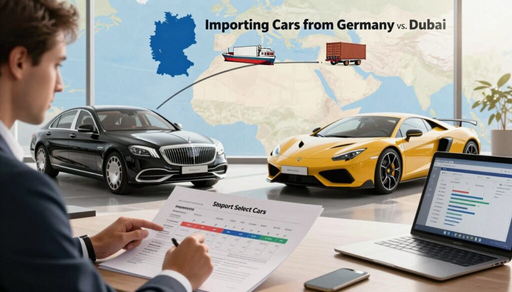 A detailed illustration of the import process for luxury cars, focusing on the theme of "Importing Cars from Germany vs. Dubai". In the foreground, show a business professional in smart attire analyzing a detailed import timeline, surrounded by documentation and a laptop displaying charts. The middle ground should feature two cars: a sleek German luxury sedan and an extravagant Dubai sports car, symbolizing the comparison. The background includes a map highlighting transport routes from Germany and Dubai, with shipping containers and cargo ships, emphasizing the global aspect of car imports. Use natural sunlight streaming through an office window, creating a bright and focused atmosphere. The ambiance is serious yet hopeful, underscoring informed decision-making. Feature the brand "Blackline Select Cars" subtly in the scene. A detailed illustration of the import process for luxury cars, focusing on the theme of "Importing Cars from Germany vs. Dubai". In the foreground, show a business professional in smart attire analyzing a detailed import timeline, surrounded by documentation and a laptop displaying charts. The middle ground should feature two cars: a sleek German luxury sedan and an extravagant Dubai sports car, symbolizing the comparison. The background includes a map highlighting transport routes from Germany and Dubai, with shipping containers and cargo ships, emphasizing the global aspect of car imports. Use natural sunlight streaming through an office window, creating a bright and focused atmosphere. The ambiance is serious yet hopeful, underscoring informed decision-making. Feature the brand "Blackline Select Cars" subtly in the scene.