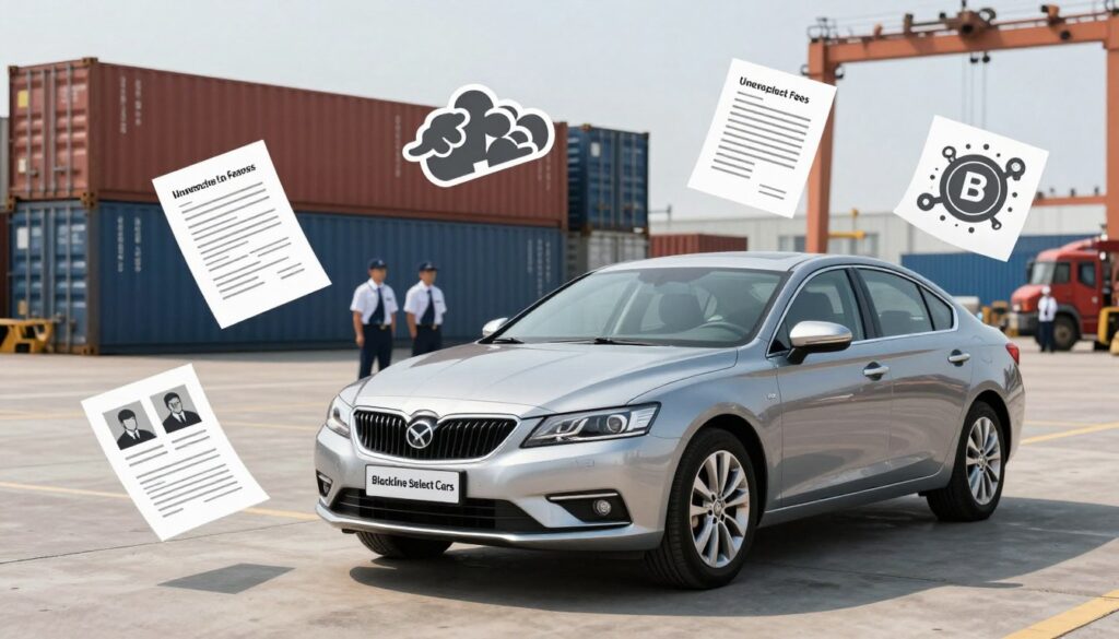 A detailed illustration of the key risks associated with importing a car, featuring a well-maintained car titled "Blackline Select Cars" prominently in the foreground. Surrounding the car, show various symbolic representations of risks such as paperwork, unexpected fees, and potential mechanical issues, subtly integrated into the scene. In the background, illustrate a busy import/export dock with shipping containers and customs officials, conveying a sense of complexity in the import process. Use natural lighting to create an optimistic yet cautious atmosphere, capturing the seriousness of the topic. The perspective should be slightly angled, emphasizing both the car and the surrounding elements, while ensuring the overall composition is professional and clean, without any text or distractions.