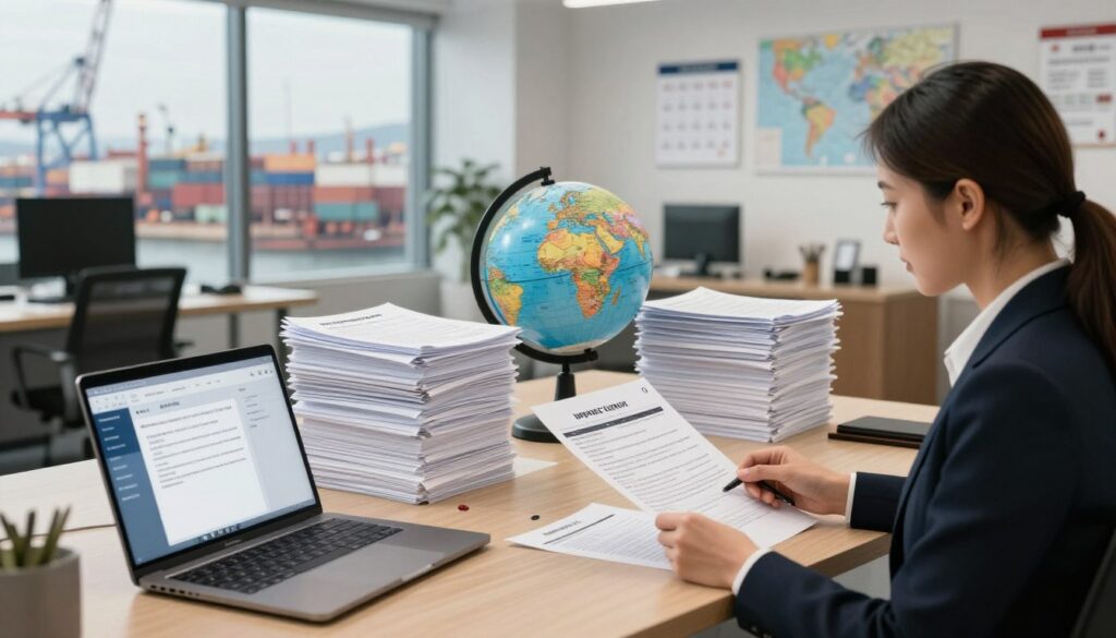 A detailed illustration of the step-by-step car importing process, featuring a sleek, modern office environment in the background. In the foreground, a professional businesswoman in formal attire is reviewing logistics documents at her desk, with a laptop displaying a logistics software interface. In the middle, there are neatly organized stacks of paperwork, import permits, and a globe representing international shipping routes. The scene is well-lit with soft, warm lighting to create an inviting atmosphere. The background showcases a large window with a view of a busy shipping port, emphasizing the logistics aspect of the process. Add elements like a calendar and a map on the wall for an organized feel. Include a logo for "Blackline Select Cars" subtly in the corner.