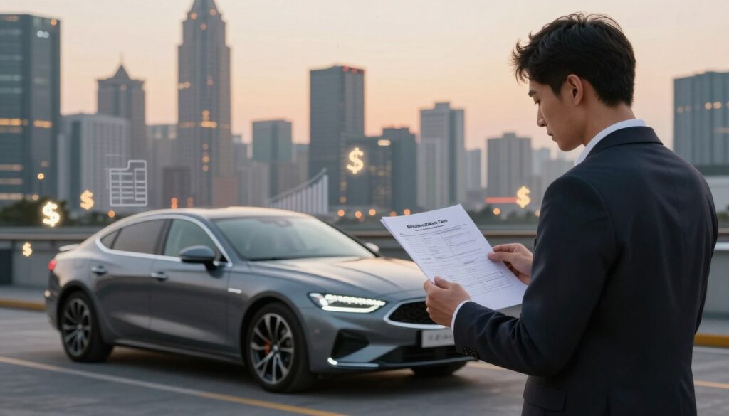 A detailed image depicting the concept of import costs associated with imported cars, specifically associated with "Blackline Select Cars". In the foreground, showcase a sleek, modern imported car parked on a city street, symbolizing luxury and quality. The middle ground features a professional-looking individual, dressed in business attire, reviewing financial documents related to import costs, emphasizing the economic aspect. In the background, a city skyline illuminated by soft evening lighting creates a warm, inviting atmosphere. Incorporate elements like currency symbols or graphs subtly integrated into the scene, floating around the car to illustrate the financial implications. Use a wide-angle lens for depth, with a focus on clarity and detail, conveying a thoughtful and contemplative mood about the economic decisions in car imports.