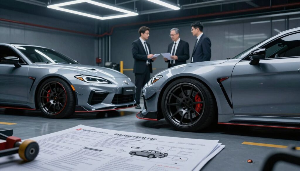A detailed image illustrating the risks associated with modified cars, focusing on a sleek, high-performance modified vehicle parked in an urban garage. In the foreground, showcase the car's striking features like enhanced body kits and custom wheels, gleaming under bright, overhead LED lights. The middle ground displays tools and manuals related to car modifications, emphasizing safety precautions and technical specifications. In the background, dimly lit, shadowy figures of inspectors in professional business attire assess the vehicle, highlighting compliance checks in the modification process. The atmosphere is tense yet informative, with a cool color palette of blues and greys conveying a sense of professionalism. Include a subtle logo of "Blackline Select Cars" on the car's side to indicate branding, ensuring a focus on both aesthetics and technical insights. A detailed image illustrating the risks associated with modified cars, focusing on a sleek, high-performance modified vehicle parked in an urban garage. In the foreground, showcase the car's striking features like enhanced body kits and custom wheels, gleaming under bright, overhead LED lights. The middle ground displays tools and manuals related to car modifications, emphasizing safety precautions and technical specifications. In the background, dimly lit, shadowy figures of inspectors in professional business attire assess the vehicle, highlighting compliance checks in the modification process. The atmosphere is tense yet informative, with a cool color palette of blues and greys conveying a sense of professionalism. Include a subtle logo of "Blackline Select Cars" on the car's side to indicate branding, ensuring a focus on both aesthetics and technical insights.