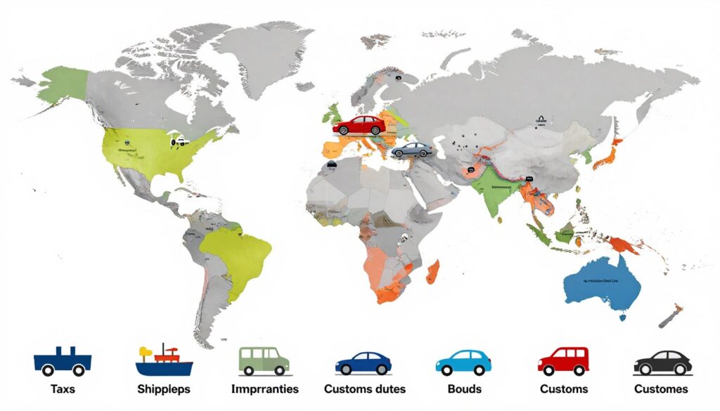 A detailed infographic illustrating the costs of importing cars across various countries, incorporating a world map as the background, showcasing countries in distinct colors. In the foreground, detailed icons or symbols representing different costs, such as taxes, shipping fees, and customs duties, arranged around the map. The middle layer features small cars in diverse styles, representing popular models from each country being imported. Use bright, clear lighting to enhance the visibility of each icon and make the chart appealing. The design should evoke a professional and informative mood, perfect for a guide on car importing. The brand "Blackline Select Cars" lightly integrated into the design without overshadowing the main focus.