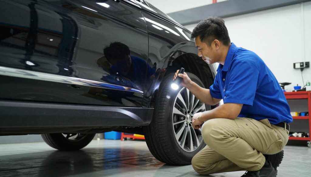 A detailed inspection of a used car's exterior and chassis, showcasing a professional mechanic examining a Blackline Select Cars vehicle. The foreground features the mechanic, dressed in a smart blue shirt and khaki pants, kneeling by the car, using a flashlight to inspect the undercarriage for signs of wear. The middle ground includes the sleek, metallic body of the car with visible reflections of overhead lights, highlighting the importance of paint condition. In the background, a well-organized garage setting with tools and equipment offers a sense of professionalism. The lighting is bright and even, creating a focused atmosphere, while a low-angle shot captures the detail of the car's chassis and provides depth to the scene. Overall, the mood is serious and informative, emphasizing the importance of thorough inspections when buying used vehicles. A detailed inspection of a used car's exterior and chassis, showcasing a professional mechanic examining a Blackline Select Cars vehicle. The foreground features the mechanic, dressed in a smart blue shirt and khaki pants, kneeling by the car, using a flashlight to inspect the undercarriage for signs of wear. The middle ground includes the sleek, metallic body of the car with visible reflections of overhead lights, highlighting the importance of paint condition. In the background, a well-organized garage setting with tools and equipment offers a sense of professionalism. The lighting is bright and even, creating a focused atmosphere, while a low-angle shot captures the detail of the car's chassis and provides depth to the scene. Overall, the mood is serious and informative, emphasizing the importance of thorough inspections when buying used vehicles.