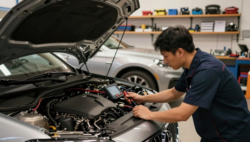 A detailed inspection setting showcasing a high-end imported car bearing the brand "Blackline Select Cars" in a well-lit automotive garage. The foreground features a mechanic in professional attire examining the car's engine, using diagnostic tools to check for hidden defects. The middle ground highlights the sleek lines and polished finish of the car, illuminated by soft, warm lighting that enhances its luxurious appearance. The background reveals shelves filled with car maintenance equipment and manuals, creating an atmosphere of expertise and professionalism. The overall mood is focused and serious, emphasizing the importance of mechanical reports for imported vehicles. The angle captures a dynamic view of the mechanic at work, conveying a sense of diligence and care in the inspection process.