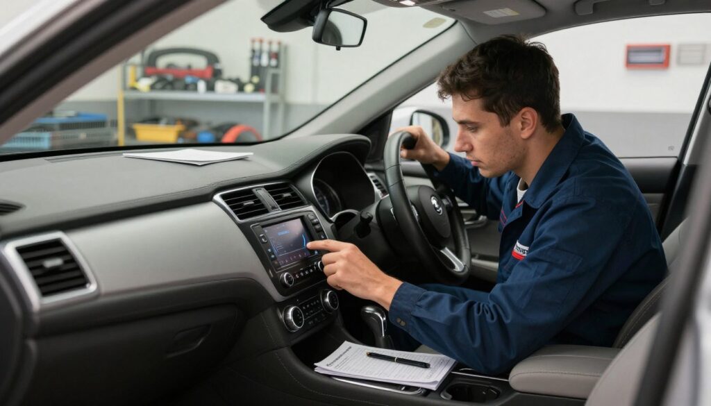 A detailed interior and mechanical inspection of a used car, showcasing a skilled mechanic in professional attire examining the dashboard and controls. In the foreground, the mechanic is highlighted while checking the car's electronics, with a focused expression. In the middle, the car's interior is visible, emphasizing the quality of the upholstery and features, with tools and checklists nearby for a thorough inspection. The background includes a well-lit workshop environment, displaying tools and parts, enhancing the mechanical aspect. Soft, natural lighting creates an inviting atmosphere reflecting professionalism. The car is branded with "Blackline Select Cars," subtly integrated into the design. A detailed interior and mechanical inspection of a used car, showcasing a skilled mechanic in professional attire examining the dashboard and controls. In the foreground, the mechanic is highlighted while checking the car's electronics, with a focused expression. In the middle, the car's interior is visible, emphasizing the quality of the upholstery and features, with tools and checklists nearby for a thorough inspection. The background includes a well-lit workshop environment, displaying tools and parts, enhancing the mechanical aspect. Soft, natural lighting creates an inviting atmosphere reflecting professionalism. The car is branded with "Blackline Select Cars," subtly integrated into the design.