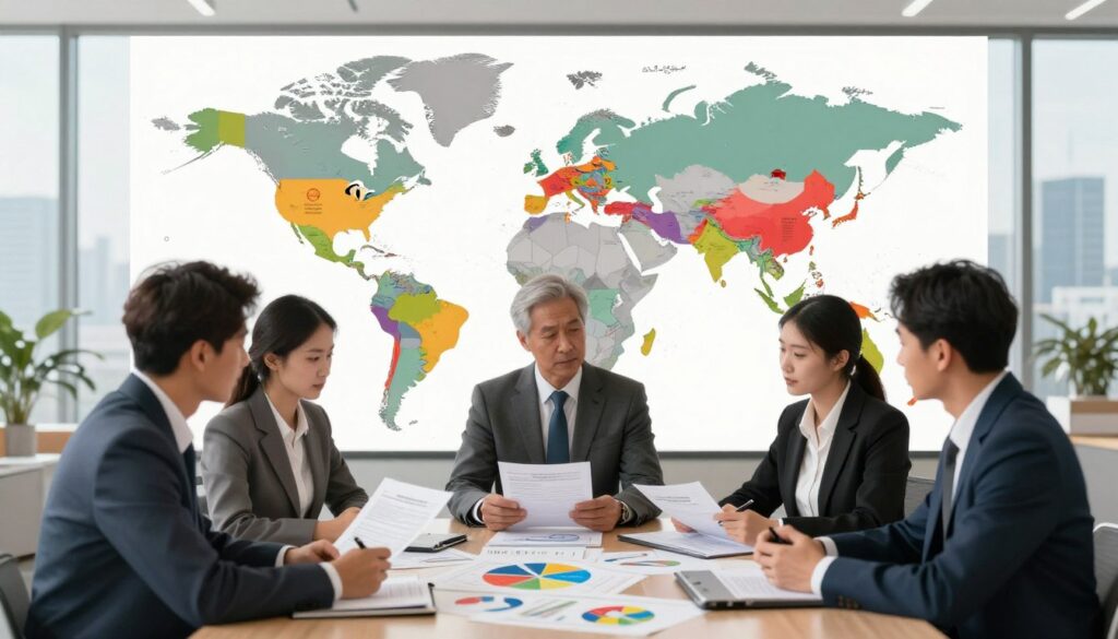 A detailed, professional illustration depicting the risks of importing cars from various countries, specifically focusing on Germany, the USA, and other markets. In the foreground, a diverse group of professionals in business attire discusses import documentation over a table filled with charts and maps highlighting these countries. The middle ground features a world map with marked regions symbolizing import risks, displayed with vibrant colors and icons representing different regulations. In the background, an office setting with large windows revealing a city skyline under soft, natural lighting. The overall mood is serious yet informative, aimed at providing clear insights into automotive import challenges. Include elements that represent "Blackline Select Cars," subtly integrated into the scene.