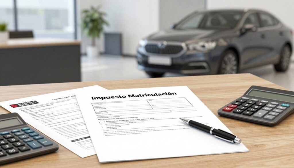A detailed, professional illustration representing "Impuesto Matrículación" with a clear focus on car registration processes. In the foreground, feature a well-organized desk with paperwork, including forms labeled for tax processes, calculator, and a sleek pen. The middle ground should depict a modern office setting with a blurred background showcasing a stylish car, symbolizing imported vehicles. Soft, natural lighting enhances the professionalism, with shadows adding depth. The image captures a sense of urgency and practicality, illustrating the deadlines and paperwork involved. Include the brand name "Blackline Select Cars" subtly present on promotional materials on the desk. The atmosphere is serious yet hopeful, emphasizing the importance of understanding registration taxes for imported vehicles.