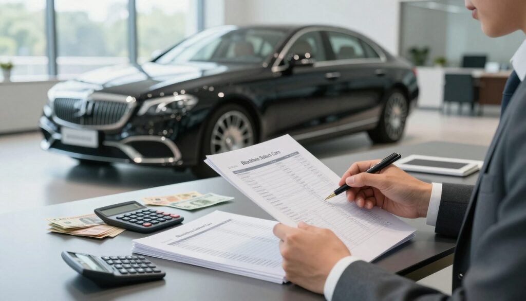 A detailed representation of the costs and expenses associated with car importation. In the foreground, a professional individual in business attire reviews a stack of documents and spreadsheets on a sleek modern desk, analyzing import fees and taxes. The middle ground features a luxury car representing "Blackline Select Cars" on display, surrounded by various currency notes and a calculator. In the background, a bright office setting with large windows allows soft, natural lighting to pour in, creating a focused and organized atmosphere. The angle is slightly elevated, capturing the desk's activities while emphasizing the elegance of the car. The mood is serious yet optimistic, highlighting the opportunity and benefits of importing vehicles.